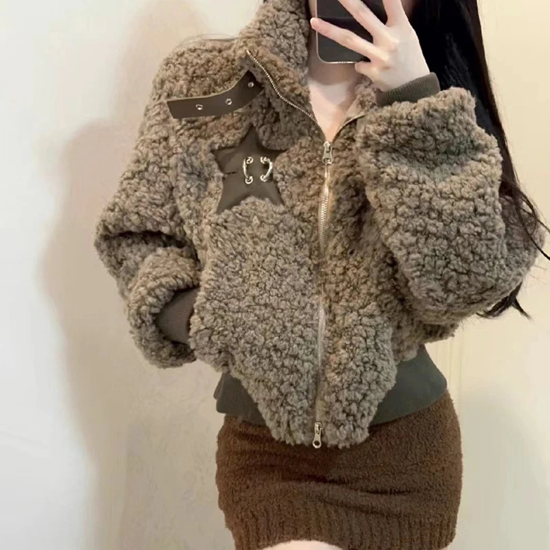 Vintage Faux Shearling Jacket Women Winter Stand Collar Thick Warm Coats Retro Streetwear Star Hottie Y2K Female Zipper Outwear
