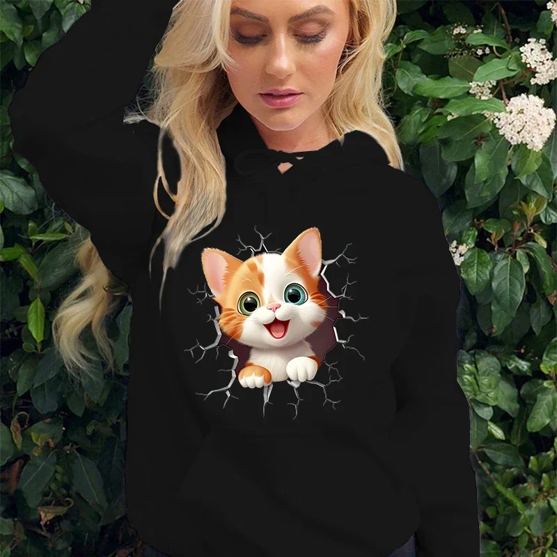 

Hot Cute Cat Print Fleece Long Sleeves Hoodie Women Casual Sweatshirt Sweatshirt Women's Crew Neck Pullover