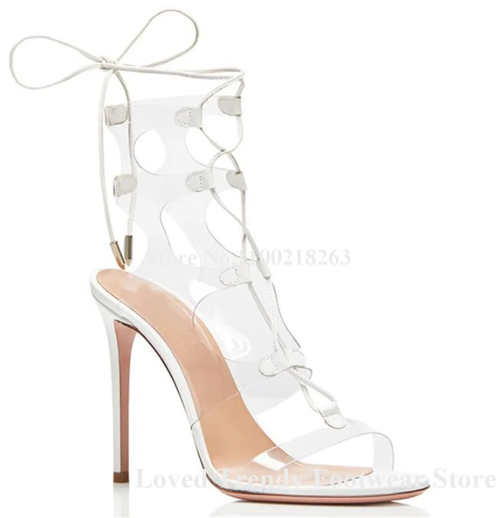 Clear PVC Patchwork Stiletto Heel Gladiator Sandals Open Toe Lace-up Transparent Thin Heel Dress Shoes Wedding Heels Big Size