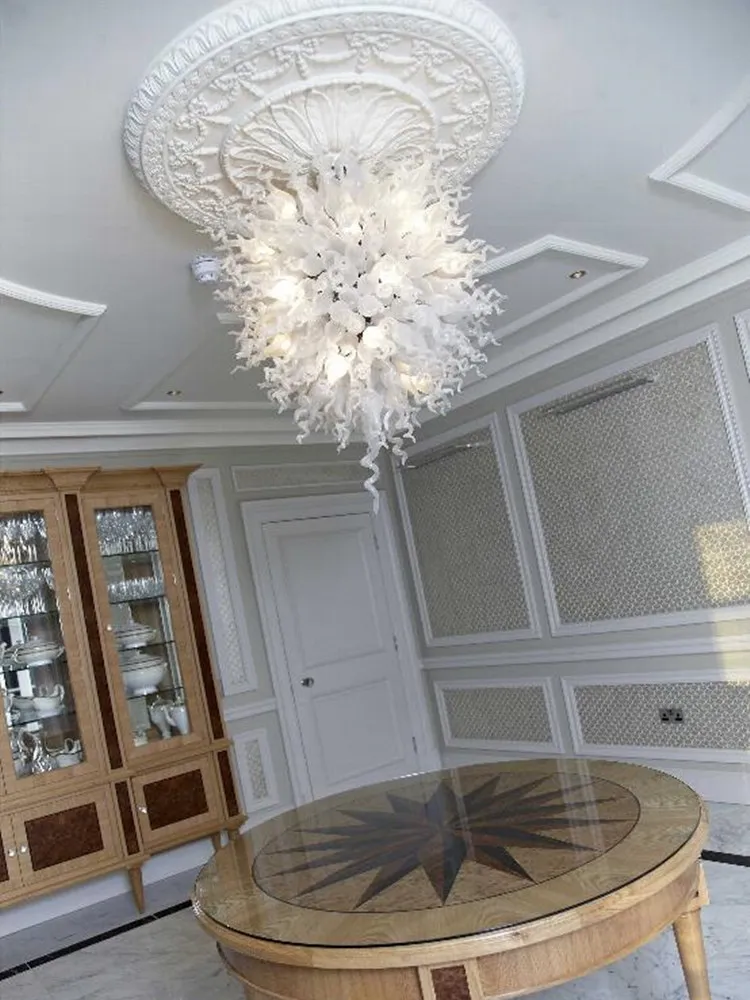 White Hand Blown Glass Chandelier Lovely round Pendant Lamp for Wedding Living Room Art Decor Classic Crystal Lighting Fixture