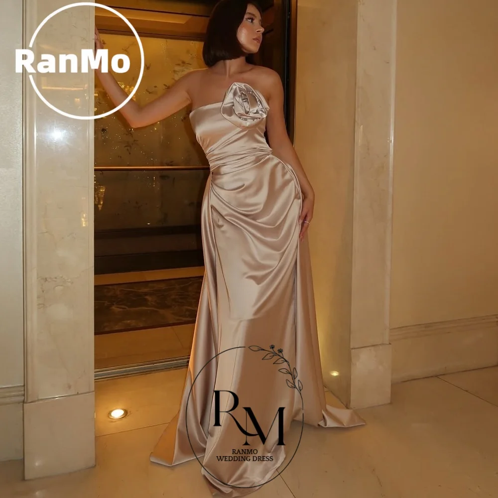 

Ranmo 2026 Modern Mermaid Prom Evening Dresses Saudi Arabia Strapless Flowers champagne Women Cocktail Prom Gowns Customized