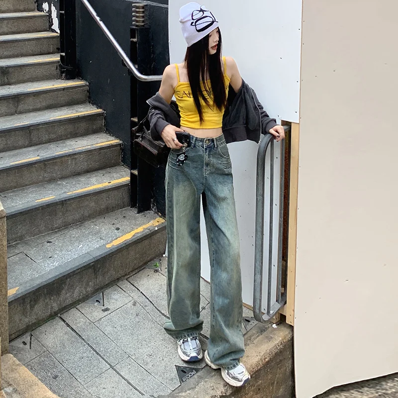 Imagem -05 - Calça Jeans Retrô Feminina de Tubo Reto Feminina Americana de Pernas Largas Simplicidade Versátil Calças Baggy Streetwear Novo Primavera 2023