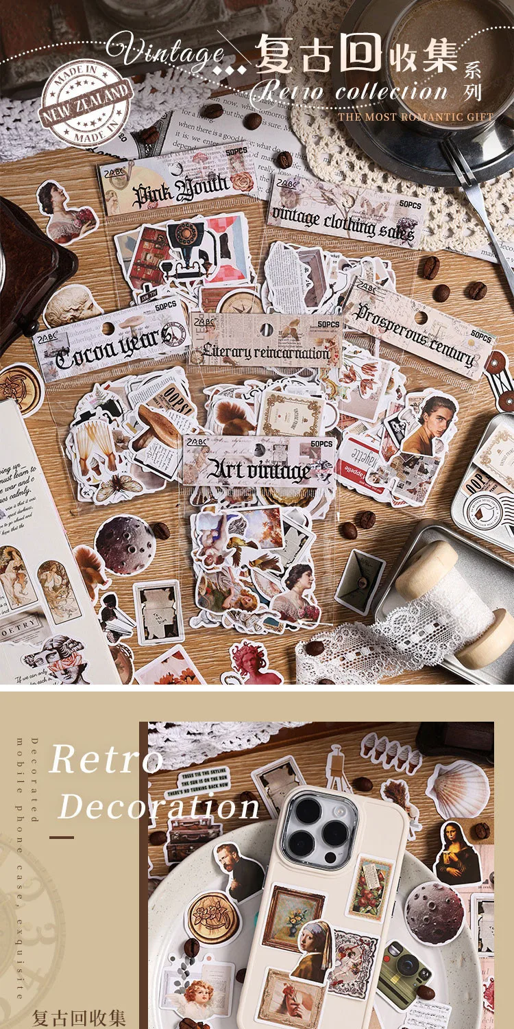 Journamm 50pcs/pack Vintage Memories Stickers DIY Scrapbooking Supplies Collage Junk Journal Planner Decor Sticker Stationery