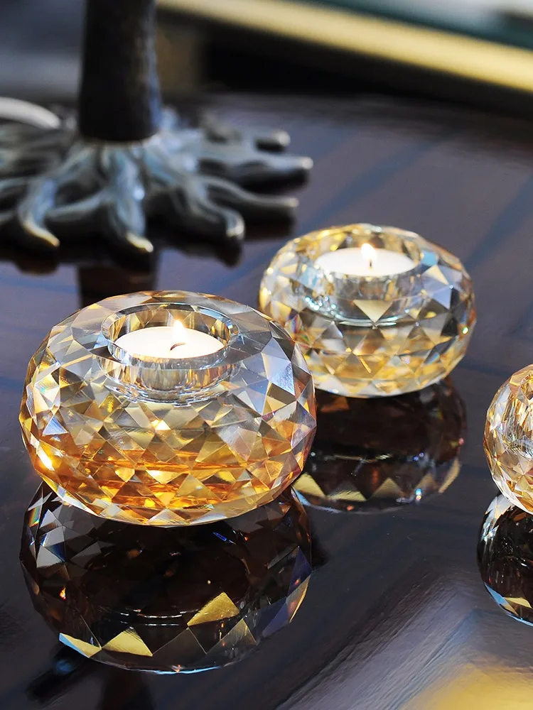 Single Amber Faceted Crystal Glass Tealight Candle Holder, Round Diamond‑Cut Golden Crystal Votive Candlestick for Home Table De