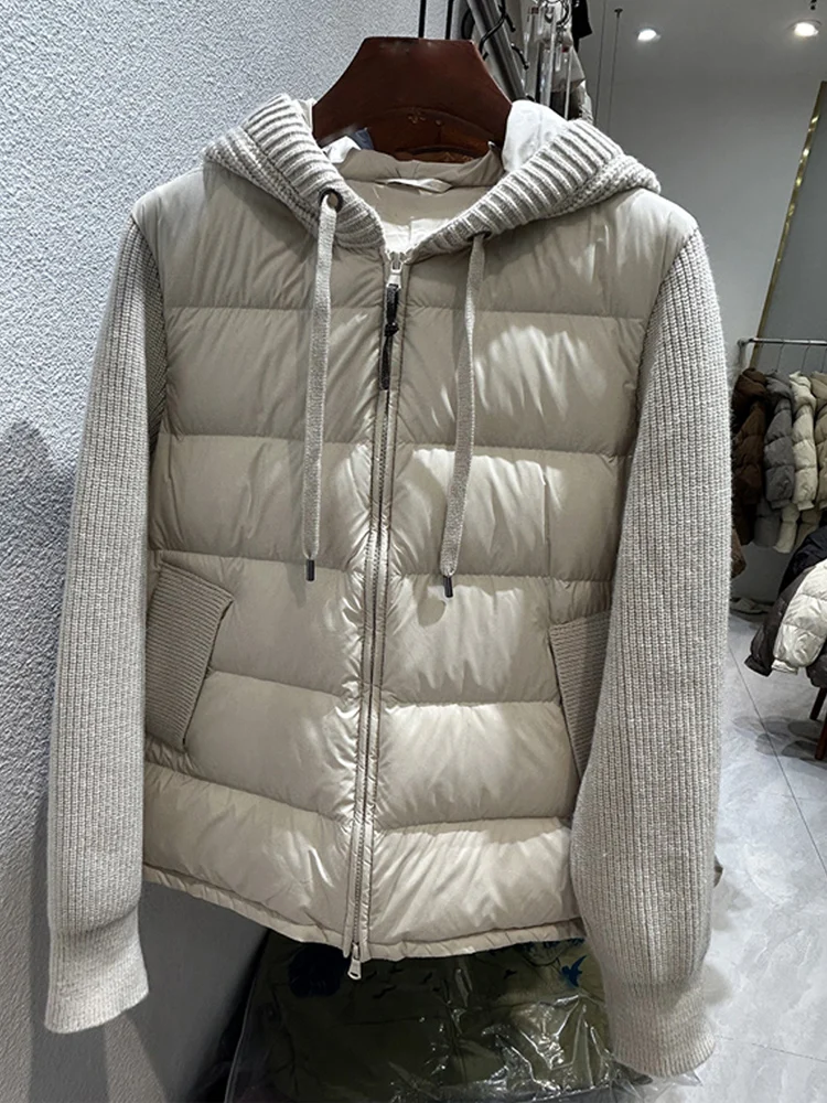 Ceco Corto ro de Punto con Capucha y Diseño de Patchwork para Otoño-Invierno 2025, Chaqueta de Plumas de Ganso Blanco,...