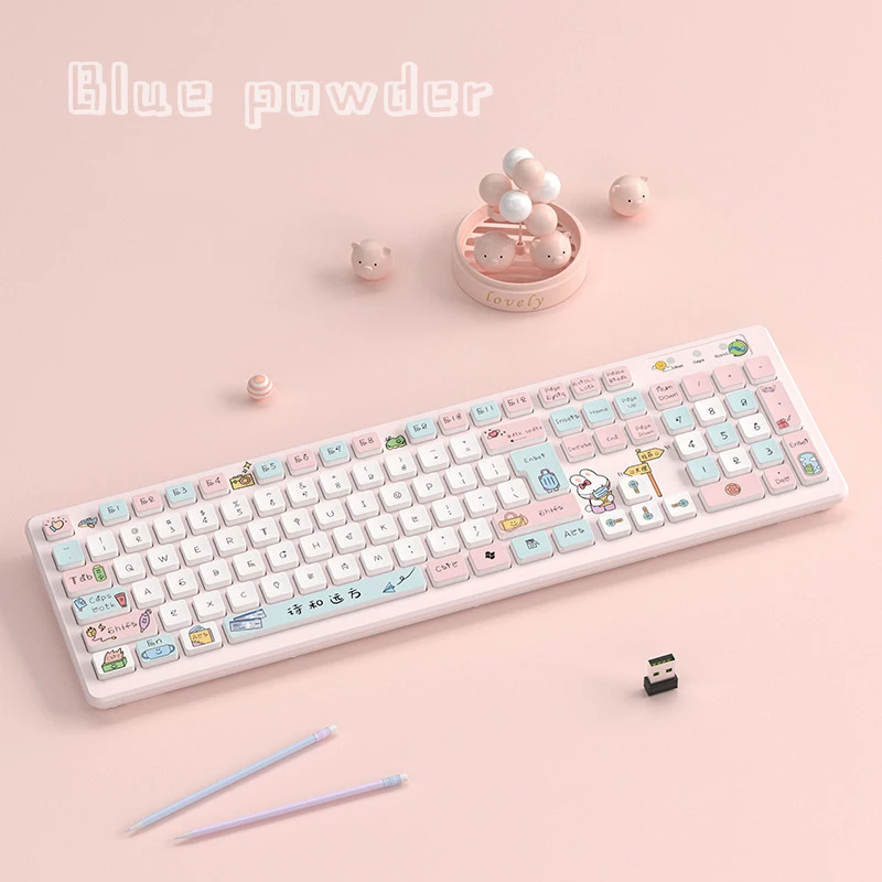 Kawaii Cartoon Wired Keyboard Silent Wireless Gaming Keyboard 104 Keys Pink Cute Girl Gamer Keyboard For Laptop PC Computer