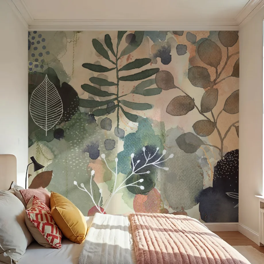 

Custom wallpaper in army green, earthy brown, blended with a peaceful and dreamy leaf atmosphere, living room, bedroom murals