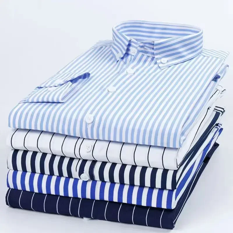 New Men\'s Stretch Anti-Wrinkle Striped Shirt, Formal Business Dress Shirt for Man Long Sleeve Slim Fit Casual Plaid Shirts S-5XL