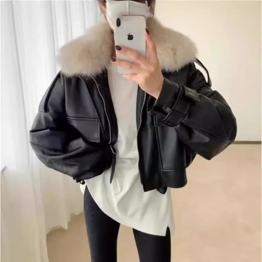 2024 Autumn and Winter Velvet Thickened Leather Jacket Short Removable Imitation Fox Fur Collar Fur All-in-one Jacket Women