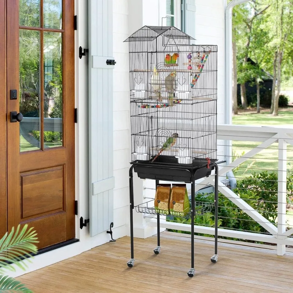 Bird Cage 64-inch Play Open Top Medium Small Parrot Parakeet Bird Cages with Detachable Rolling