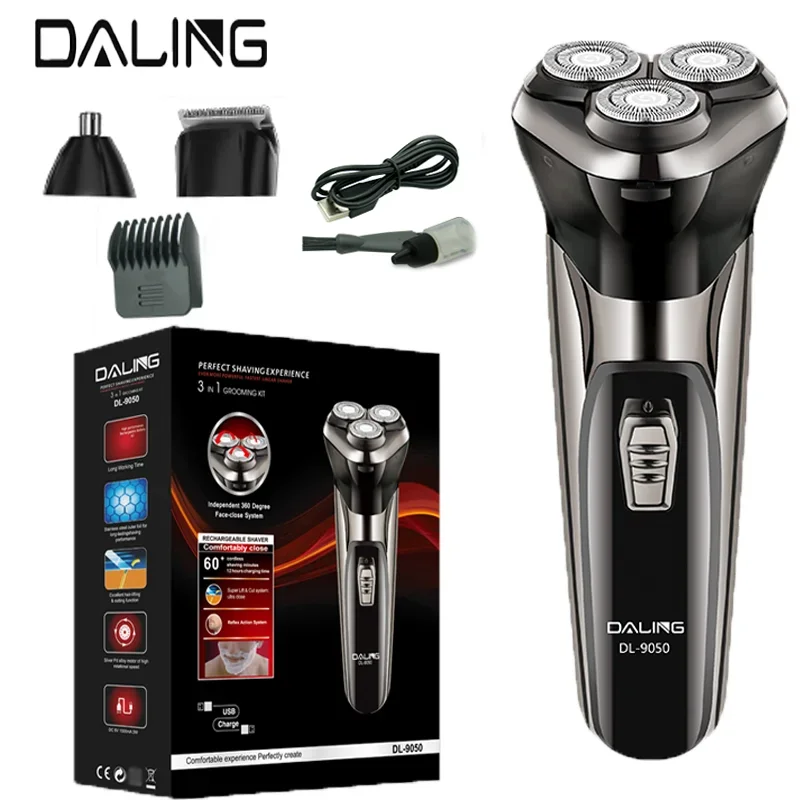 DALING DL-9050 USB rechargeable high-quality 3-in-1 professional men's electric shaver, nose hair trimmer, hair clipper