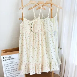 Summer Sleeveless Nightdress Women Floral Printed Nightgown Japanese Korean Style Thin Bathrobe Pajamas Nightwear Loungewear