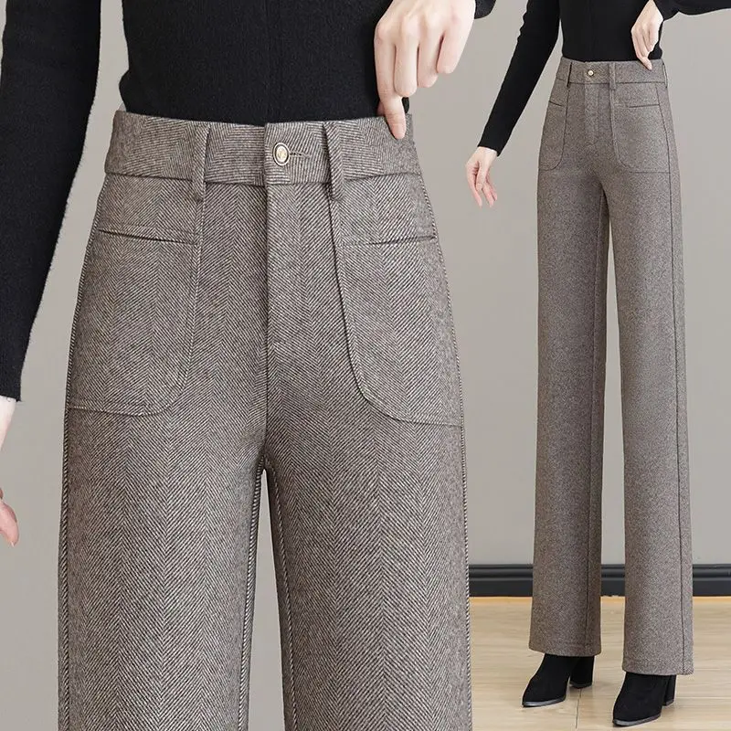 Elegant Simple Autumn Thick Warm Woolen Wide Leg Pants Women's Solid Zipper Button Pocket Patchwork High Waist Straight Trousers