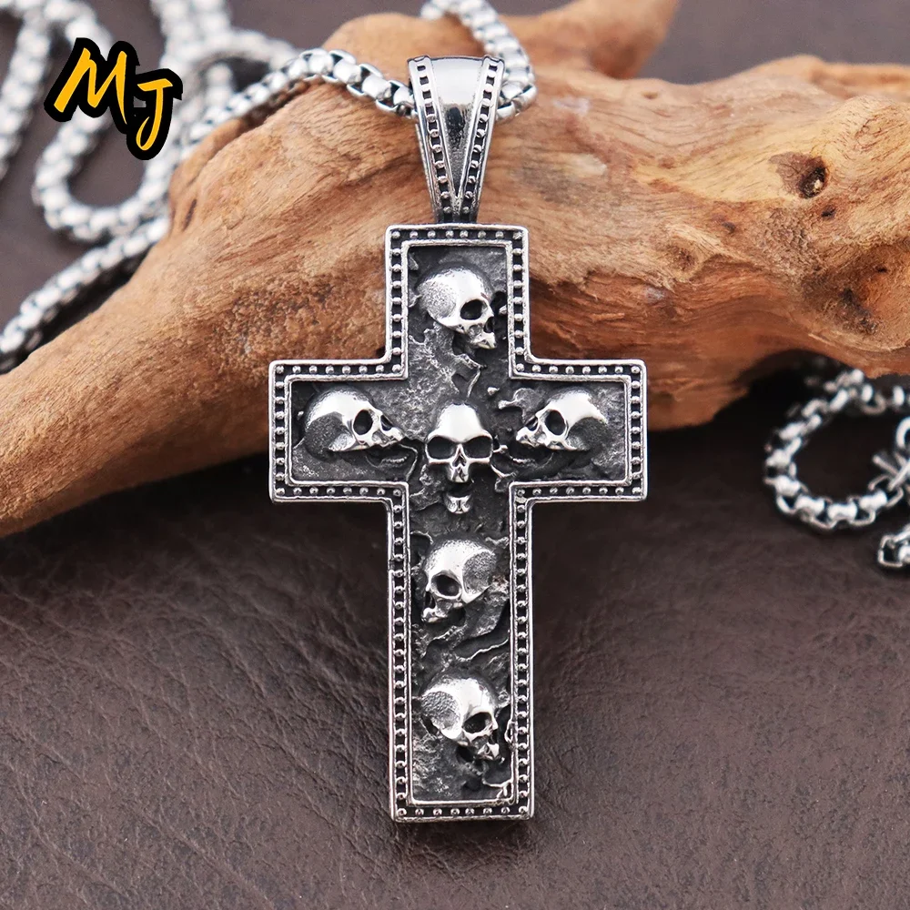New Gothic Cross Skull Necklaces Men\'s Vintage Stainless Steel Pendant Unique Halloween Amulet Jewelry Accessories Wholesale