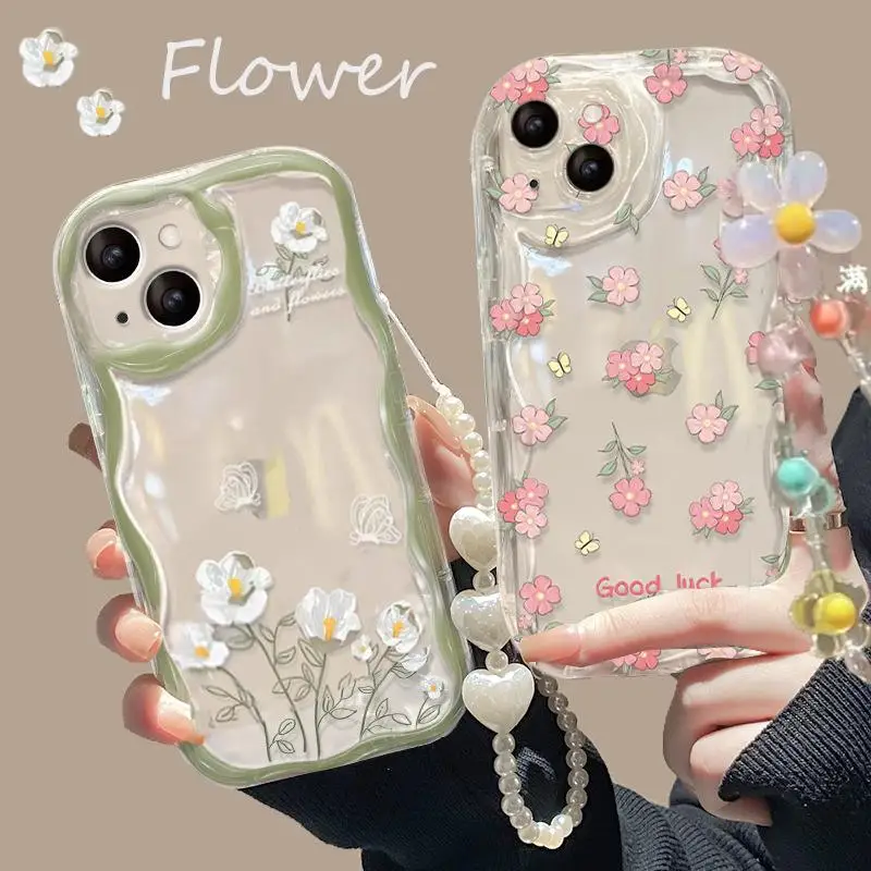 Flower Chain Strap Lanyard Case For Samsung Galaxy A34 A55 A35 5G S24 Ultra S22 Plus A13 A54 A53 A52 cover Soft Silicone Couqe