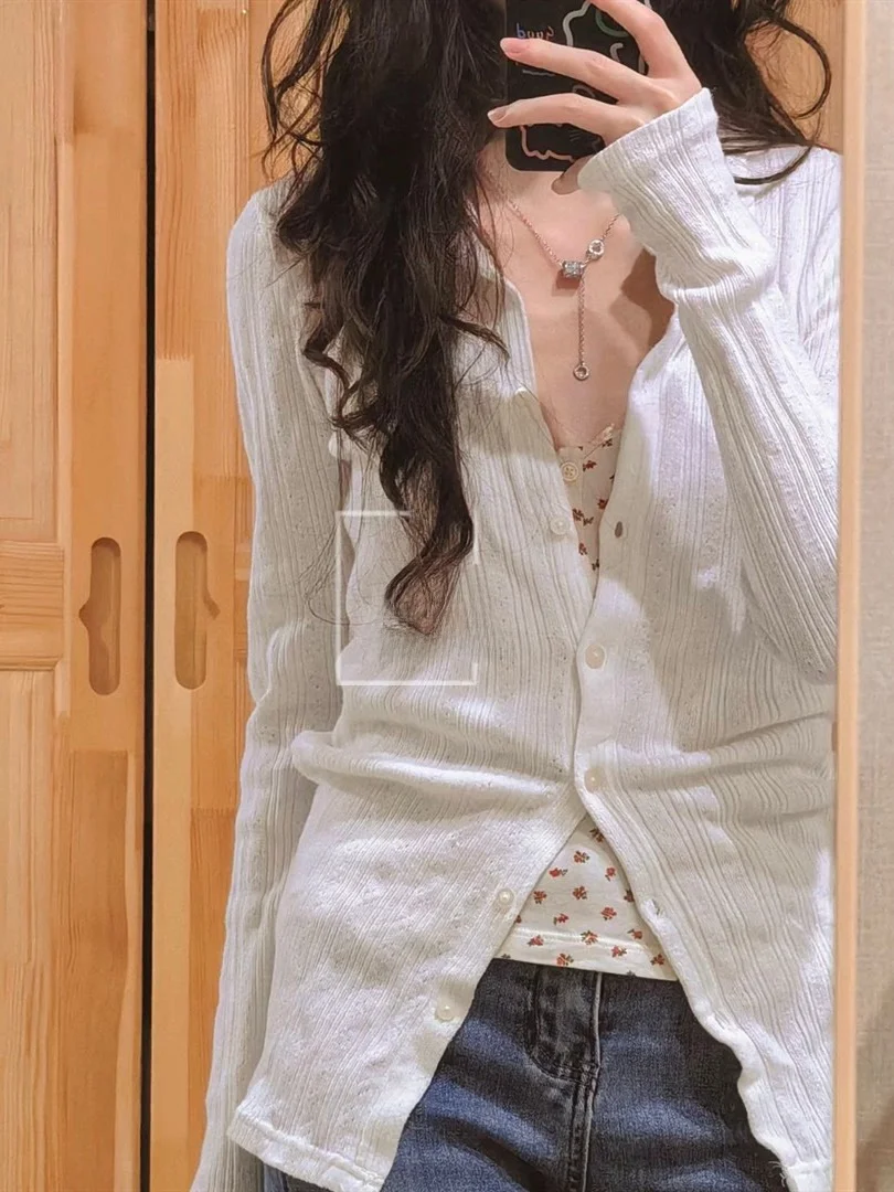 

BM White Single Button Long Sve Knitted Open Cardigan Women's Slim Fit Inner Wear Versatile Thin Outerwear for Autumn