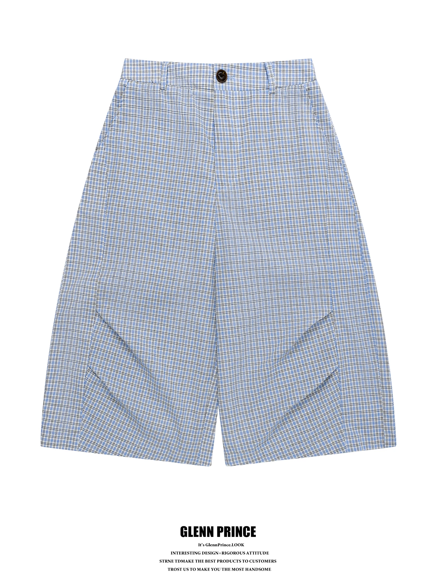 

GPstudio Men's Casual Folded Blue White Grid Summer Island Lazy Style Six-Part Mid-Pants Cotton Weave Loose Fit City Commute