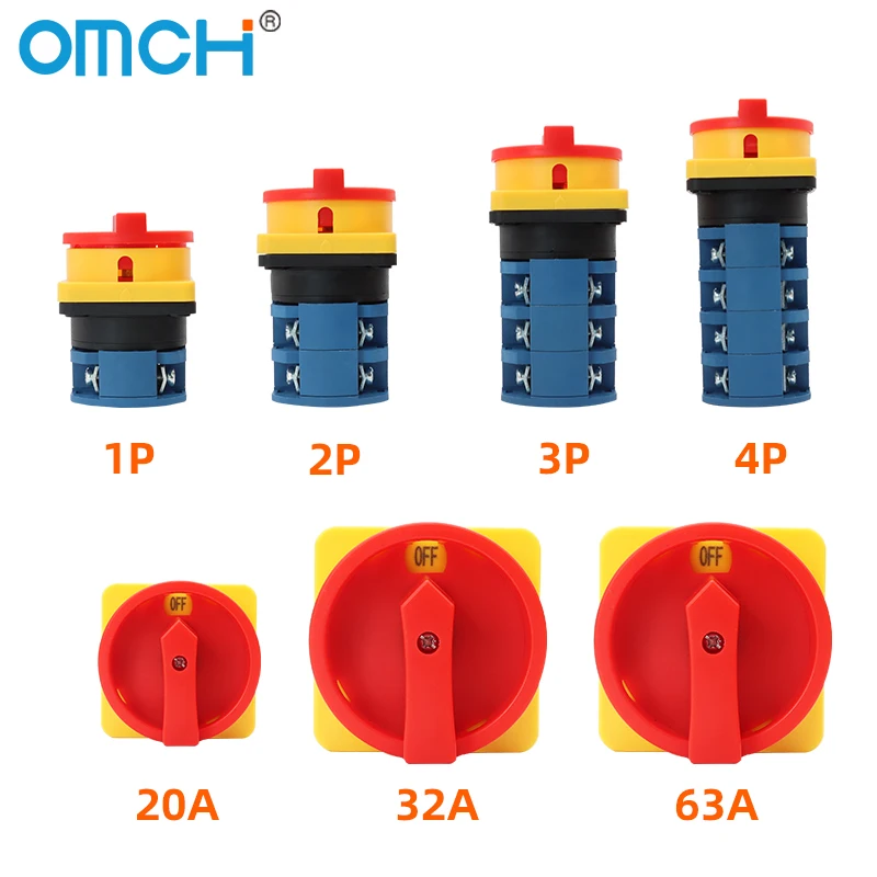 OMCH 440V Contato de Prata Série LW26GS Chave Seletora Rotativa Tipo Cadeado 20/32/63A Liga-Desliga Duas Posições 48x48mm 64x64mm 1/2/3/4 Polos