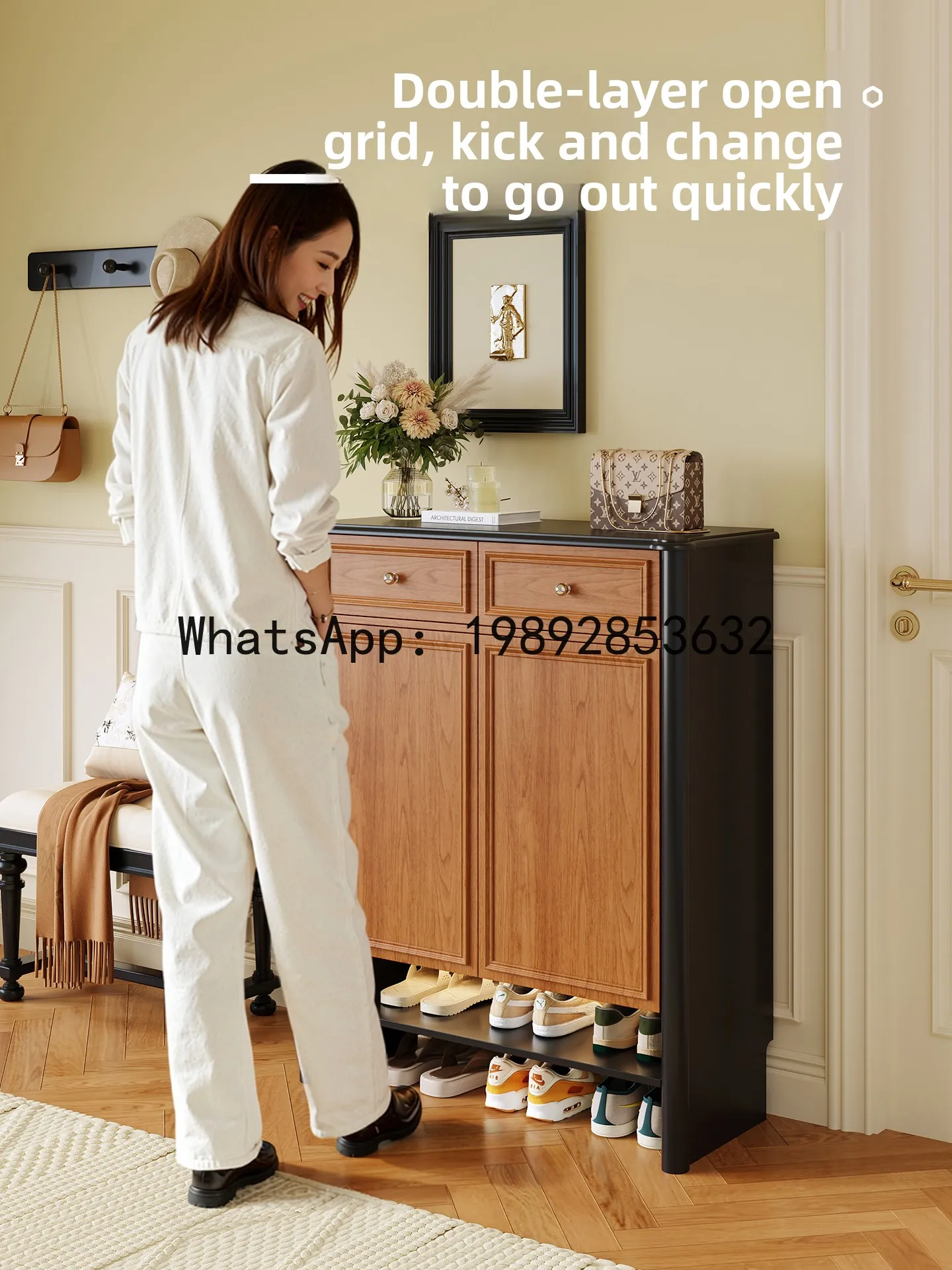 YFY Vintage Style Shoe Cabinet Storage  Integrated Two-in-One Solid Wood Home Entryway  Entrance Hallway Storage Cabinet