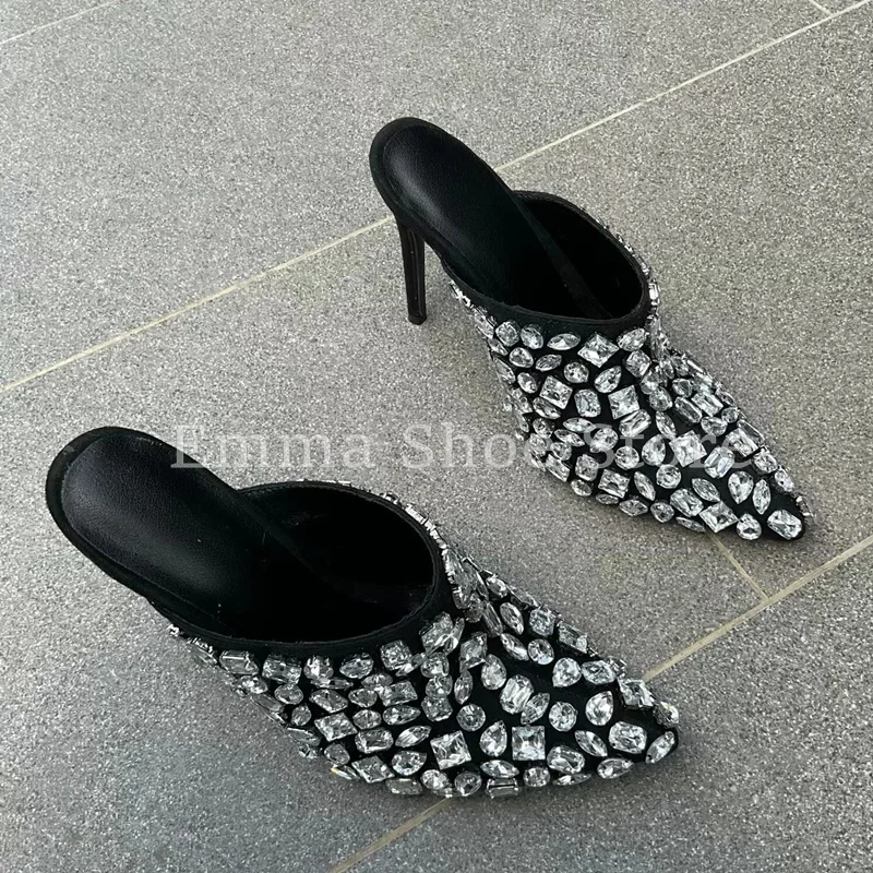 Элегантные черные сабо со стразами, украшенные стразами, туфли-лодочки на высоком каблуке-шпильке с острым носком, вечерние тапочки без шнуровки, вечерние женские туфли с кристаллами