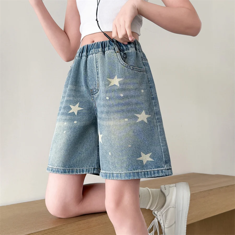 

Stylish Kids Child y2k Denim Shorts with Stars for Tweens Girl Harajuku Vintage Star Print Denim Shorts Summer Daily Wear Bottom