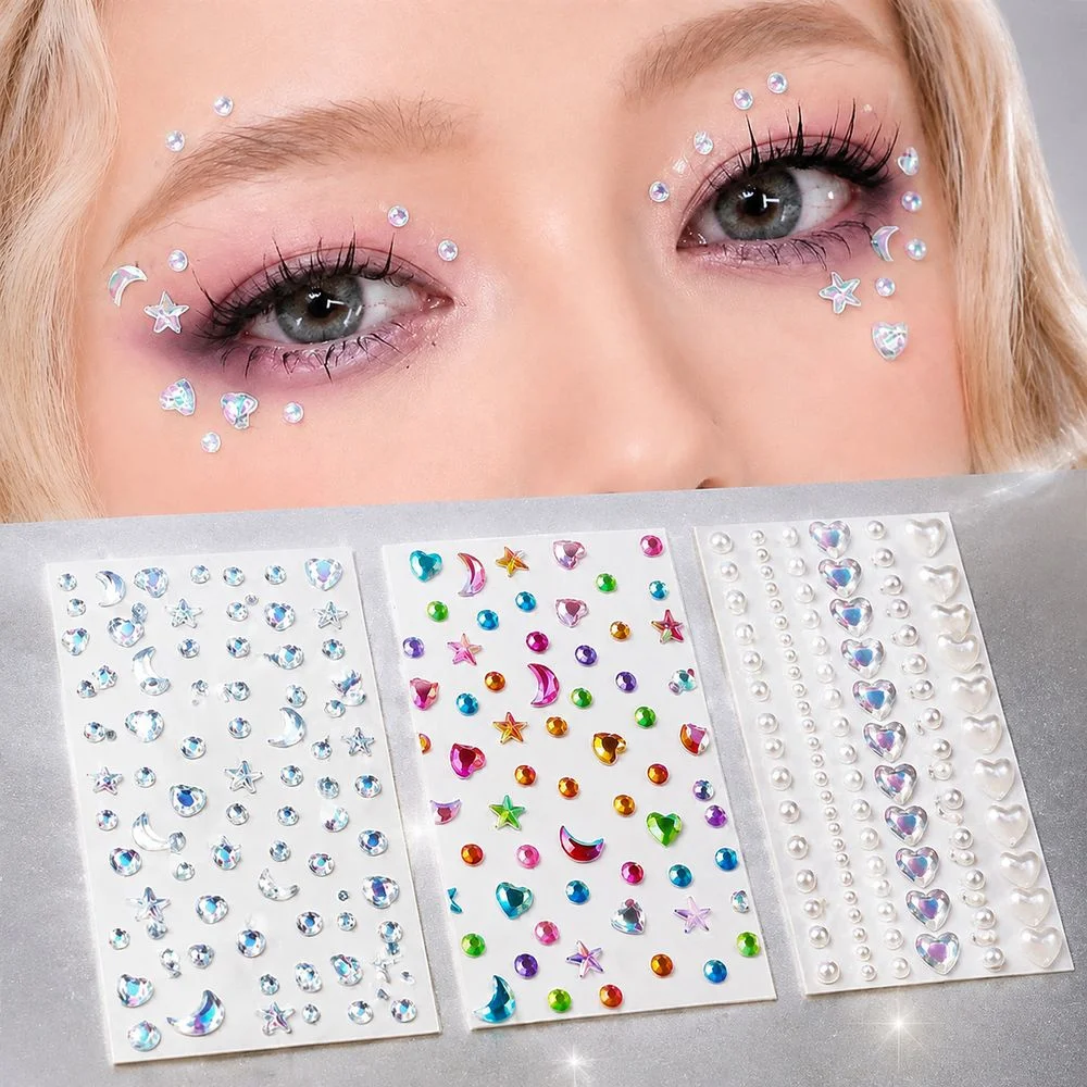 3Pcs/Set Festival Rave Face Jewels Moon Star Heart Shape Self‑Adhesive Shiny Crystal Stickers For Eye And Body Art Decoration