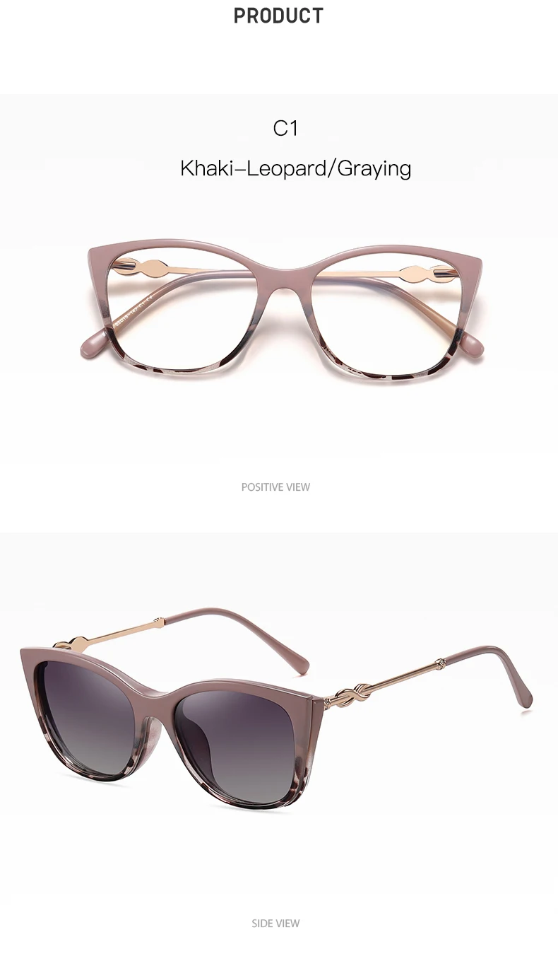 Magnetische polarisierte Sonnenbrille für Damen, modisch, Cat-Eye, 2-in-1-Clip auf Damen, Anti-Blaulicht-Brillengestelle, TR90-Metallbrille – Detail 15