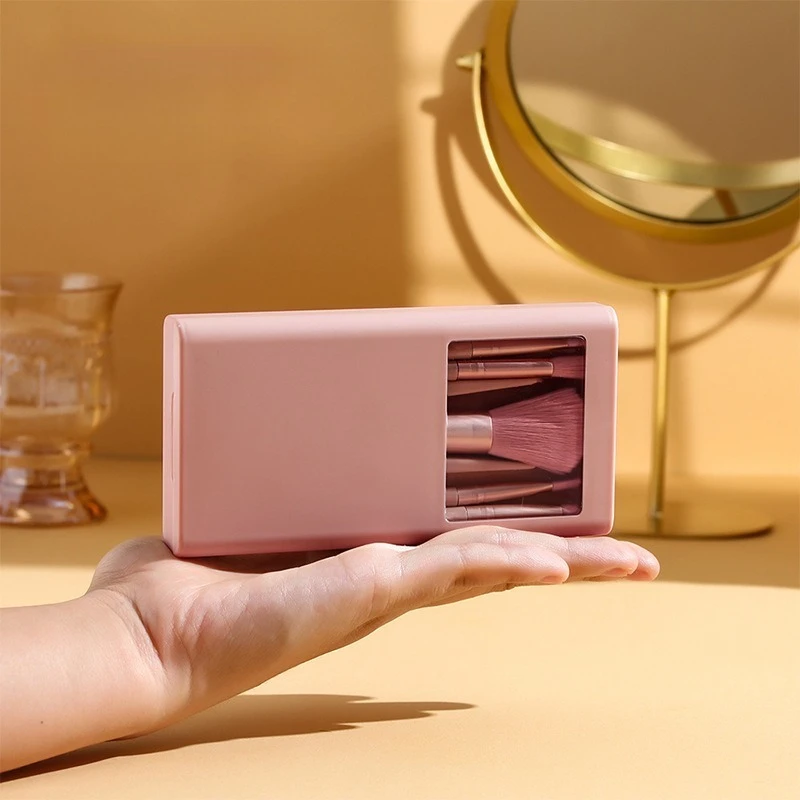 5 in1 Makeup Brushes Mini Set with Hard Case and Built-in Mirror, On the Go Brush Travel Essentials (Light Pink)