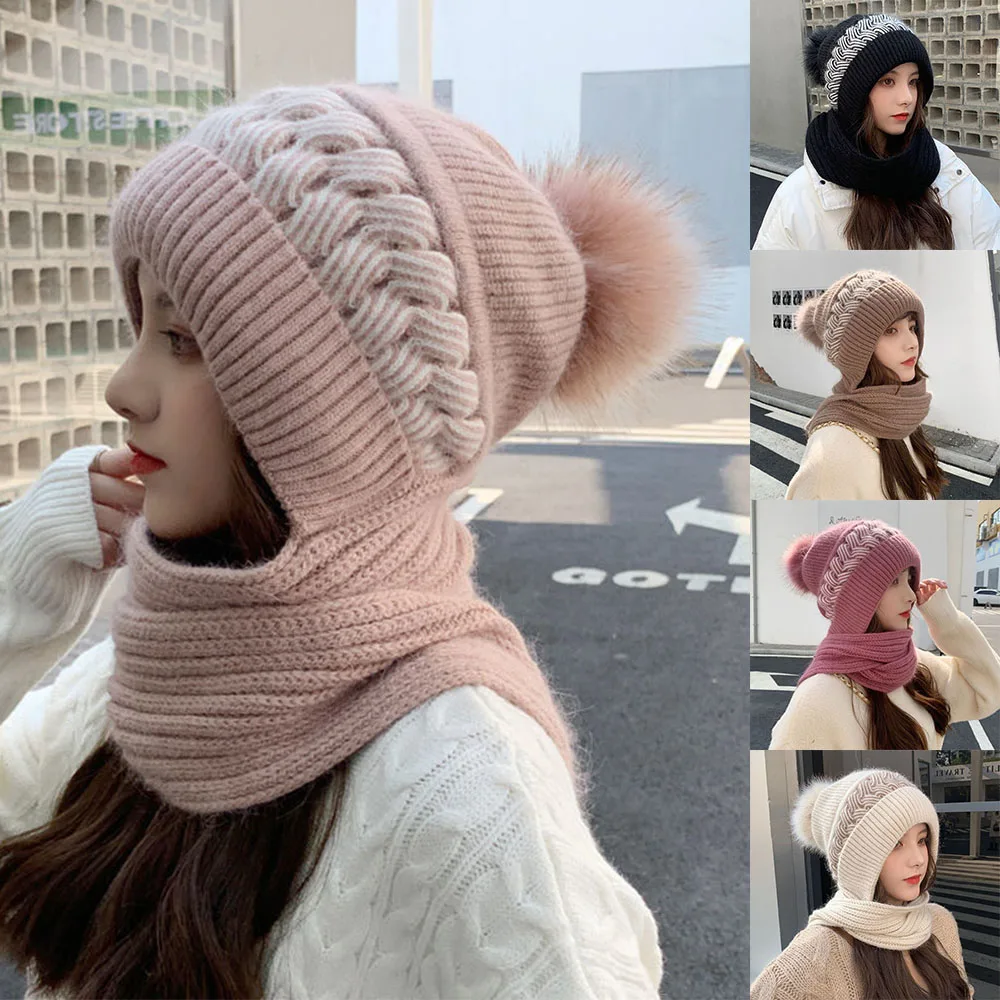 Girls Hat Scarf All-in-one Female Winter Warm Rabbit Hair Knitted Cap Cycling Ear Protection Padded Cute Cold-proof Neck Cap