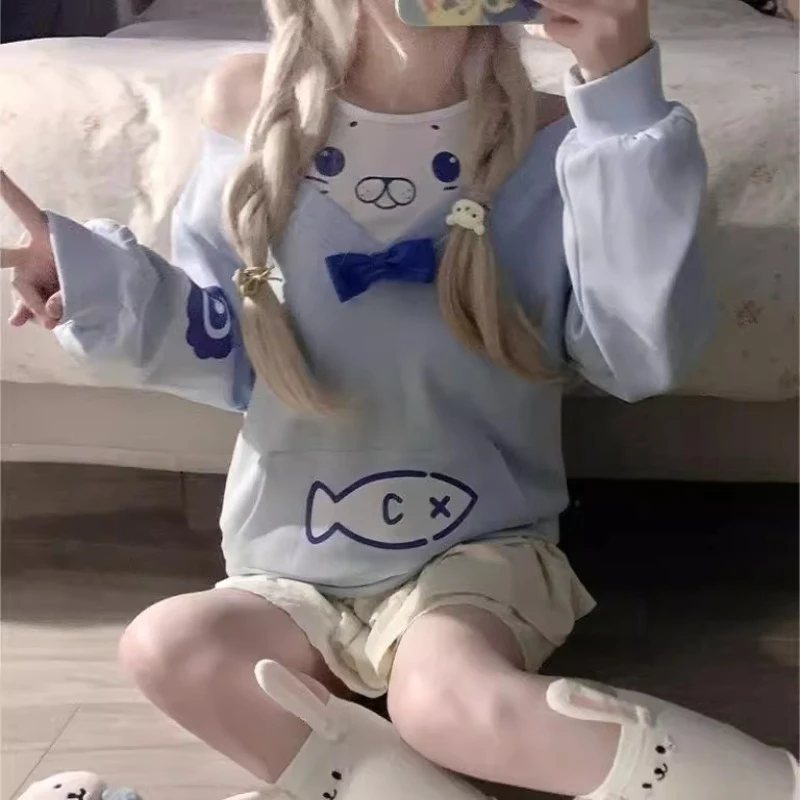 Cute Cartoon Little Seal Off-the-shoulder Fake Two Pieces Loose and Lazy Thin Long-sleeved Sweater For Women