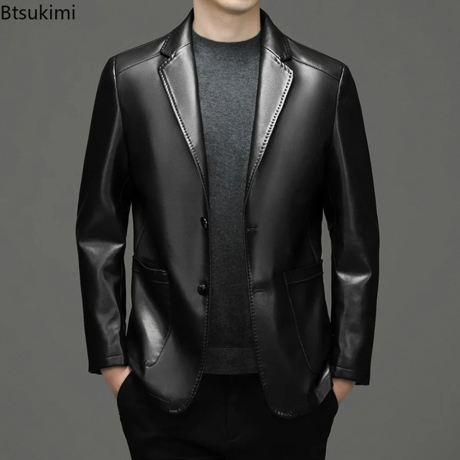 New Autumn Winter Men Leather Blazers Fashion Slim PU Leather Coats Quality Male Business Casual Sheepskin Leather Suit Jackets