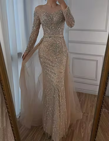 Luxury Beaded Mermaid Detachable Tail Evening Dresses Long Sleeves Prom Dress for Women Formal Wedding Party Gown