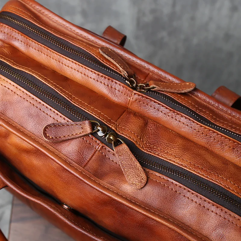 Handmade Genuine Leather Business Casual Cowhide Men's Messenger Bag Top Grain Leather Briefcase Crossbody Laptop Satchel Bag