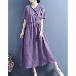 Fashion V-Neck Button Shirring Bandage Embroidery Vintage Dress Female Clothing Summer New Loose Short Sleeve Casual Dress