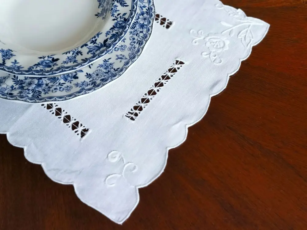 @Set of 2pcs, Purely Handmade Embroidery Hemstitched Napkin/Placemat, 100% Linen, Vintage Style