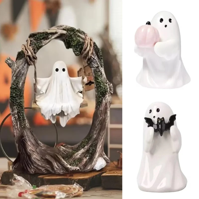 

Halloween Cute Ghost Tree Swing Decoration Resin Ghost hugging pumpkin Statue Home Ornaments For Desk Windowsills Dining Tables