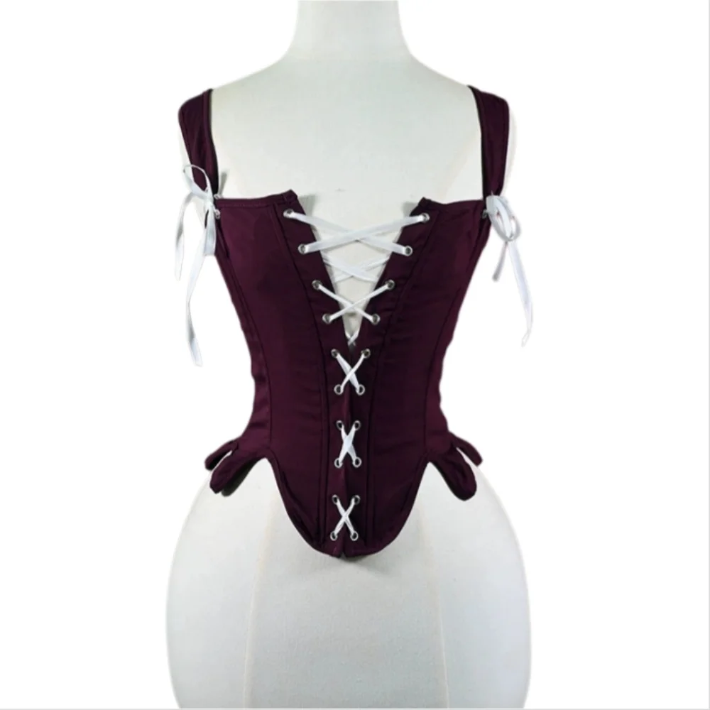 Corsé Vintage Medieval Renacentista para Mujer, Top Corto con Cordones Delanteros, Camisola Morada con Pétalos, Tirantes Moldeadores, Chaleco Bustier