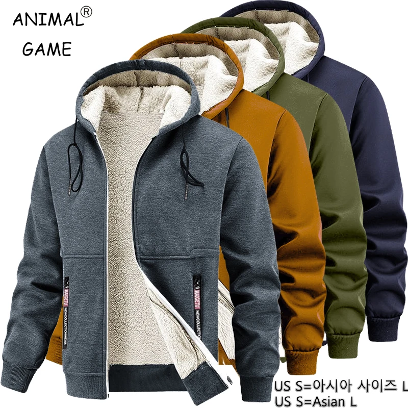Animal Game Casual Hoodie for Men Fleece Sweatshirt Thick Sherpa Lined Hooded Heavyweight Zipper Jacket Thick Outerwear Coats
