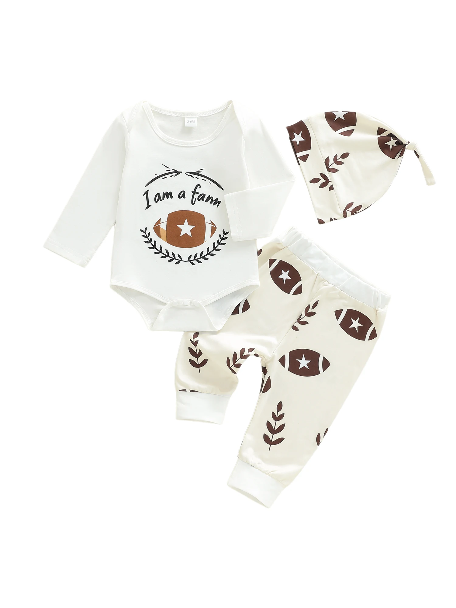 Schattige baby-winteroutfitset met romper met letterprint, broek met voetbalbladpatroon en bijpassende hoed - 3-delig ensemble