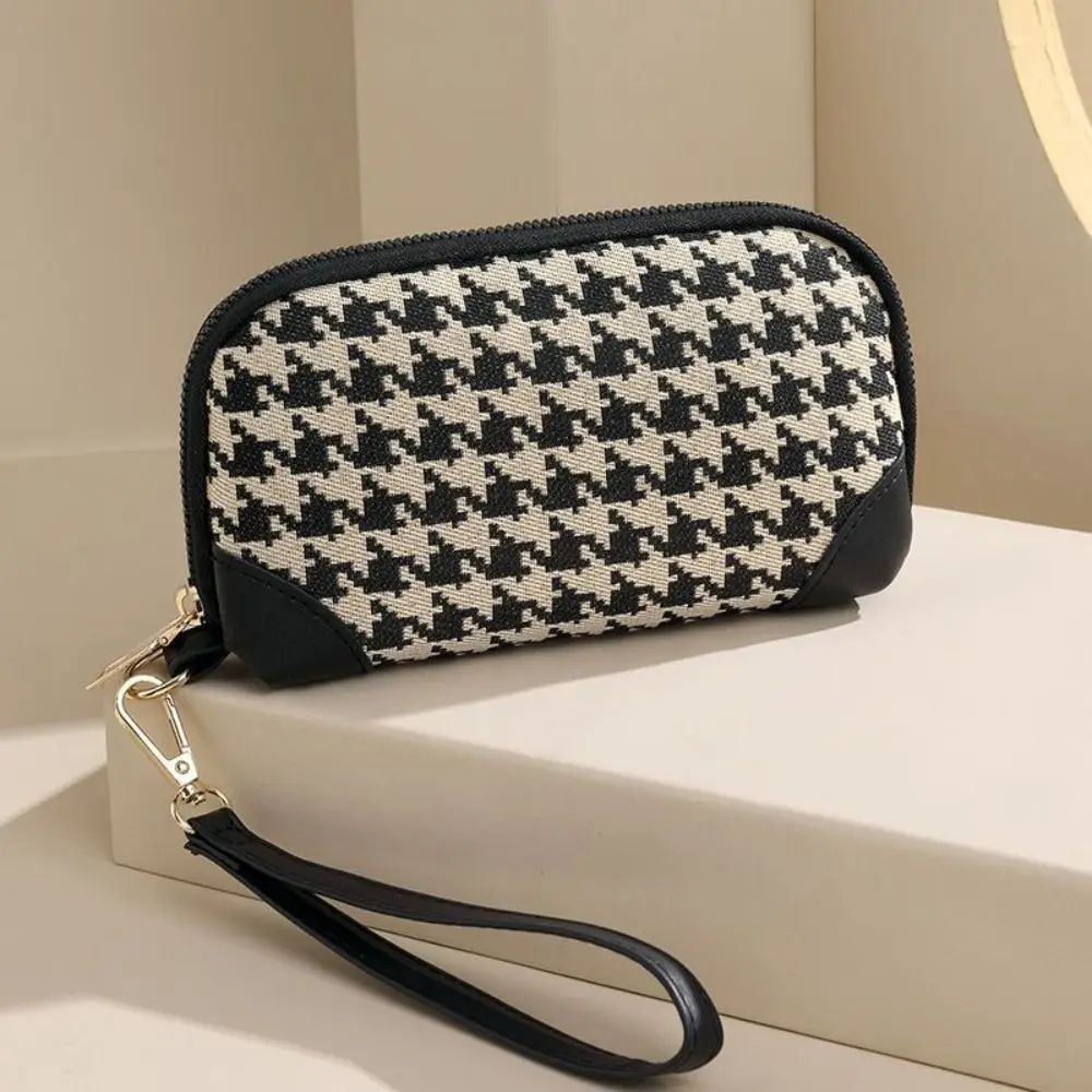 

Portable Pu Leather Long Style Wallet Canvas Printing Houndstooth Zipper Purse Car Key Bag Money Clip Square Change Purse Girls