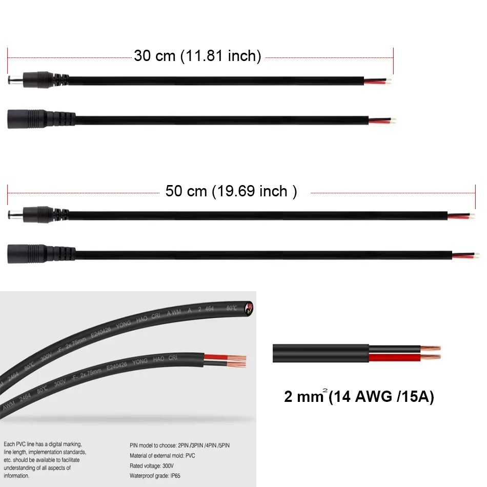 14 AWG 15A Male Female Power Cable DC Connector 2pin 5-36V Power Adapter Wire 5.5x2.1/2.5mm Plug for TV Camera LED Strip Lights