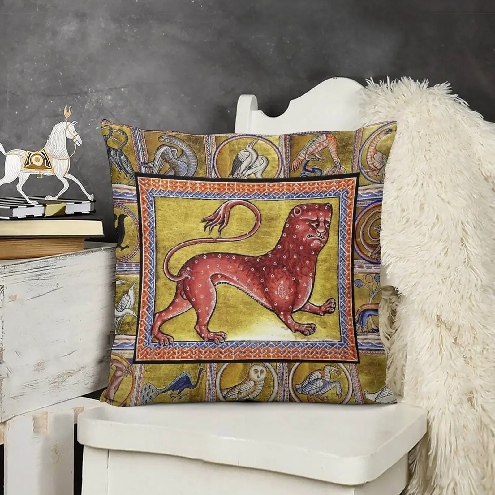 

MEDIEVAL BESTIARY,LEOPARD, FANTASTIC ANIMALS IN GOLD RED BLUE COLORS Throw Pillow Sofa Cushion Cushion Cover Luxury pillow