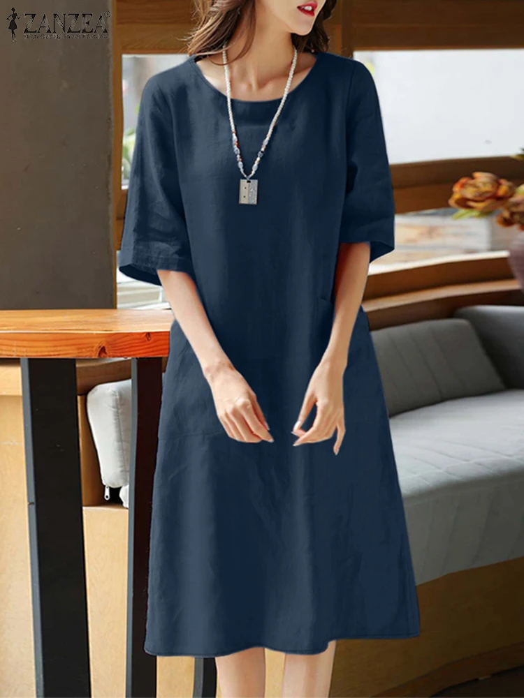 ZANZEA Autumn Cotton Linen T-Shirt Dress Women Casual O-Neck Half Sleeve Knee-Length Robes Femme Everyday Wear Solid Vestidos