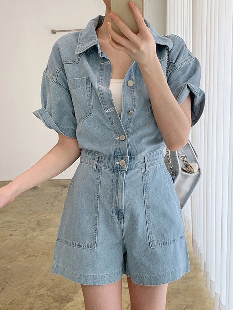 Denim Jumpsuit Voor Vrouwen Single Breasted Verzameld Taille Effen Mode Vrouwelijke Kleding Koreaanse Stijl 2024 Zomer Nieuw