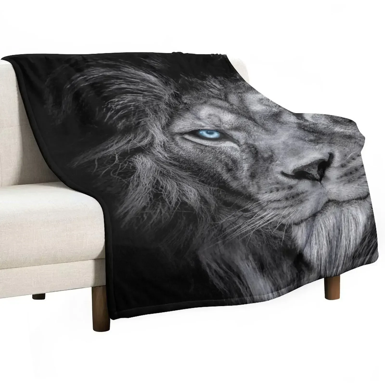 

New African male lion , wildlife animal Black and white but with colored eyes Throw Blanket
