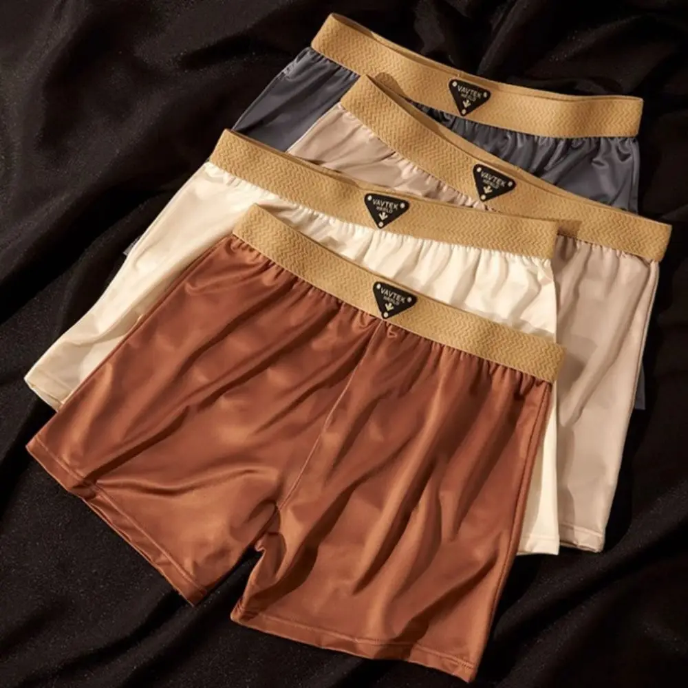 

4PCS Fashion Thin Satin Silk Boxer Briefs Seamless Mid Waist Ice Silk Boxers Lingerie Underpants Underwear for Men Daily