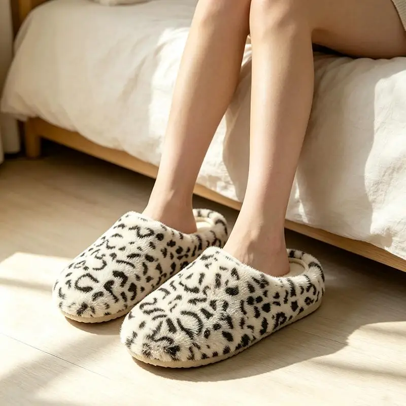 Modische Leoparden-Kunstfell-Hausschuhe für Damen Winter 2026 Weiche Flache Sohle Warme Plüsch-Hausschuhe Übergrößen Damen Flauschige Pantoletten – Detail 3