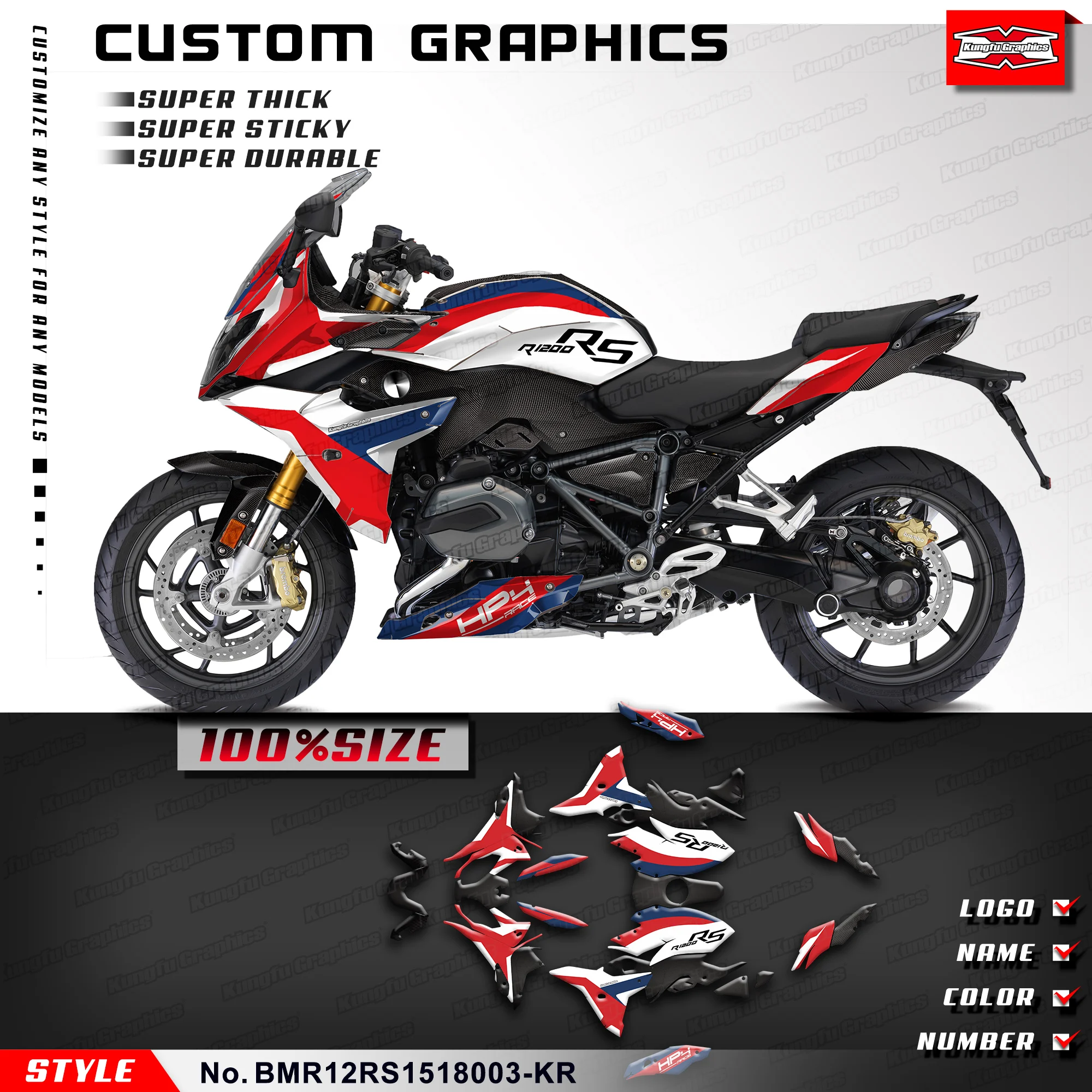 KUNGFU GRAPHICS Racing Graphics Stickers Complete for BMW R1200RS 2015 2016 2017 2018, Rebuild Kit,