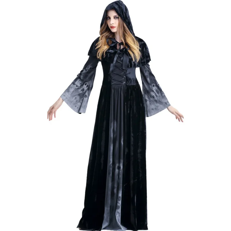 أزياء الهالوين الجديدة Sle Long Dr Witch مع ثوب بقلنسوة مطبوع عليه جمجمة ملابس نسائية تقليدية للمسرح