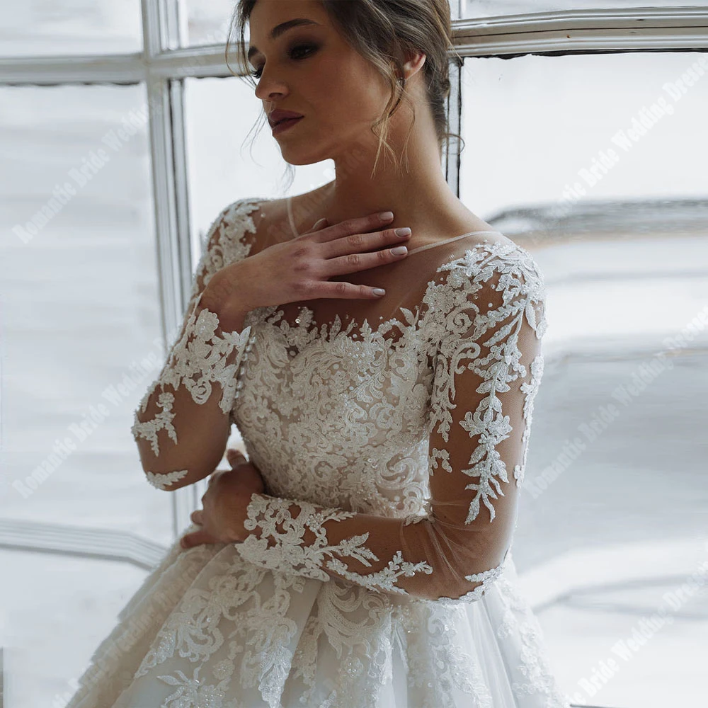 Robe De mariée blanche élégante en dentelle, manches longues, Tulle, Illusion, dos nu, princesse, personnalisée